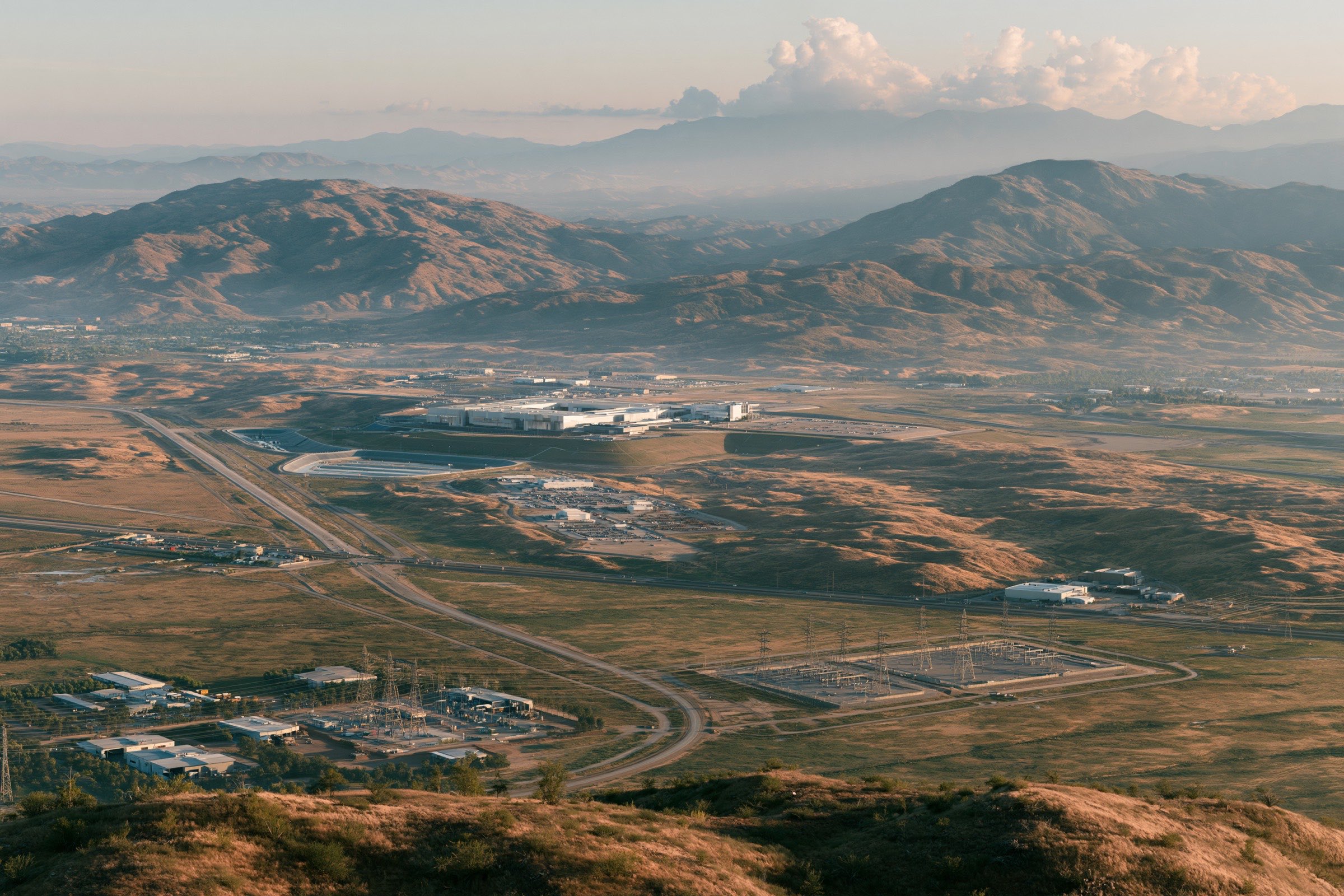 A data center campus in a golden valley with substations